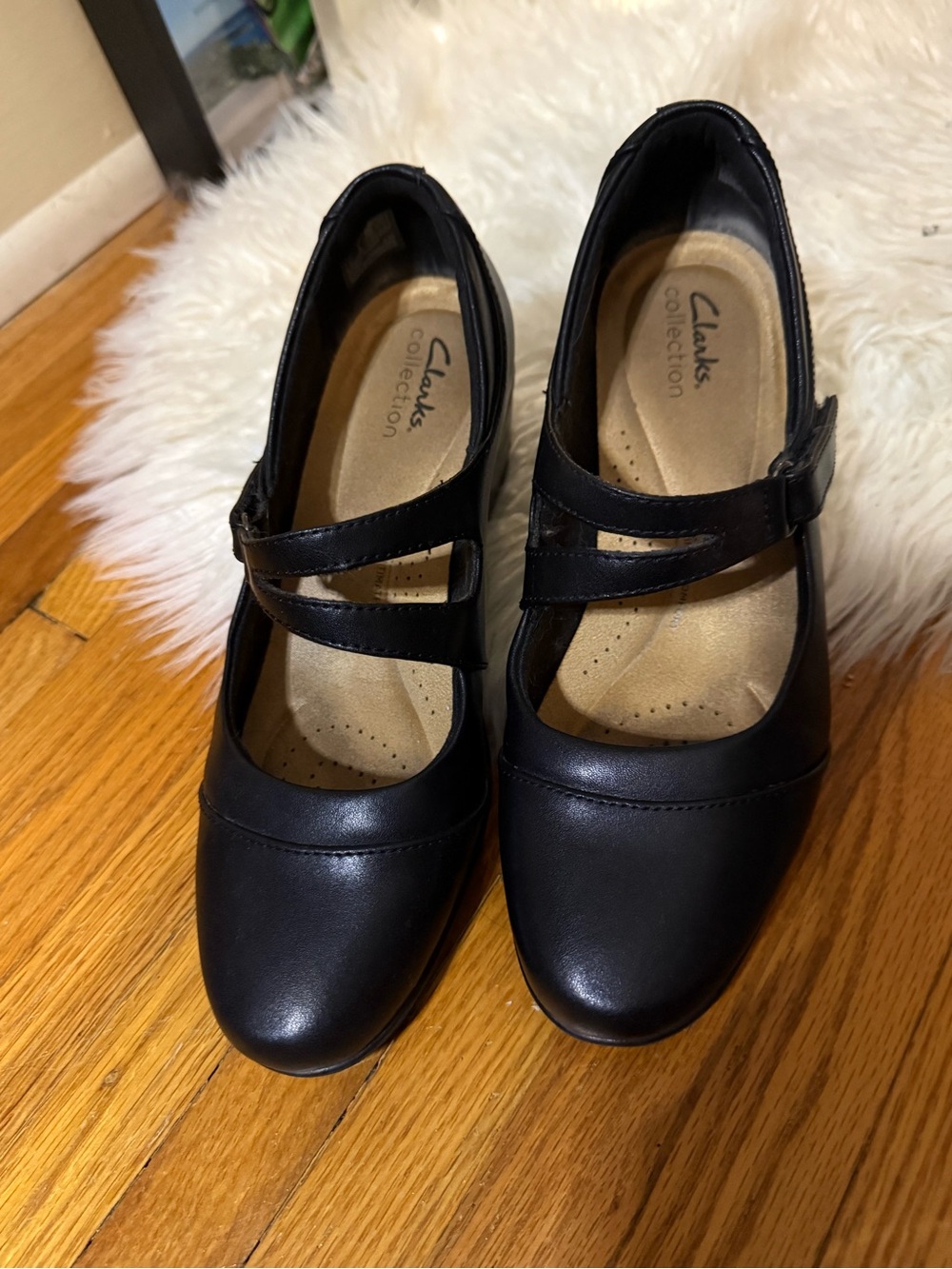 Clarks Black Mary Jane Heels with Cross Strap size 8